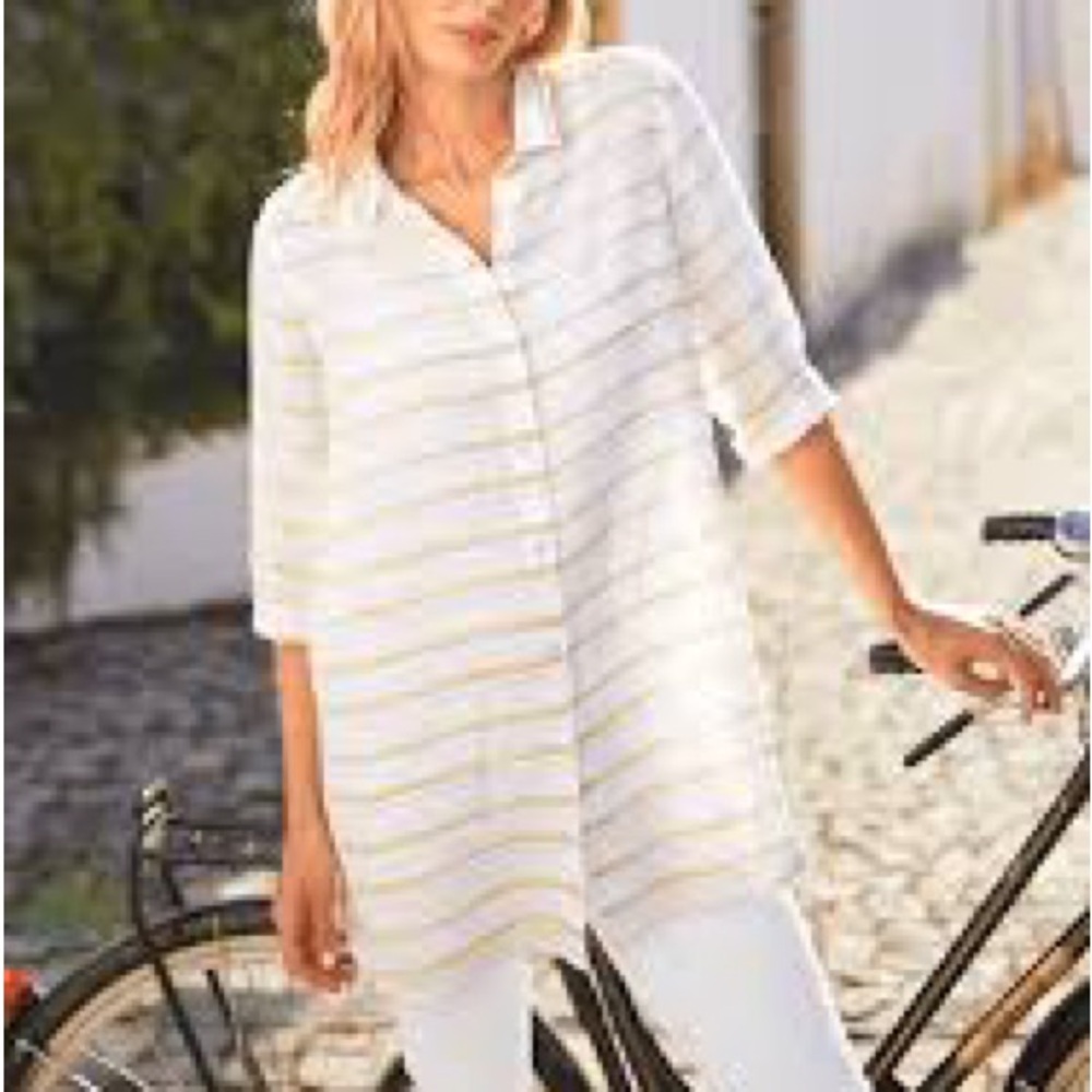 Viola borghi linen Elegant White and Yellow Striped Button Down Shirt